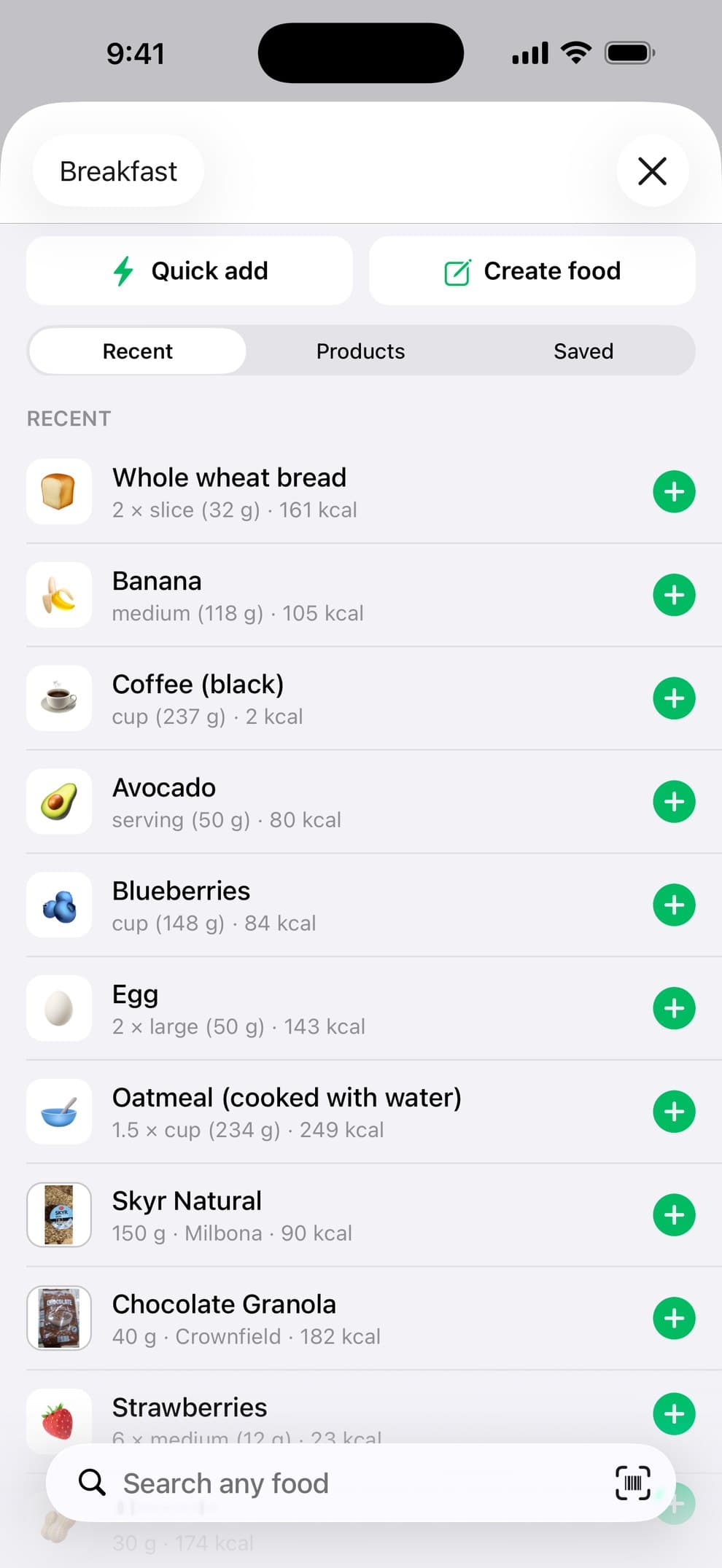 Add Food: quick add, create food, and a list of recent foods with calories