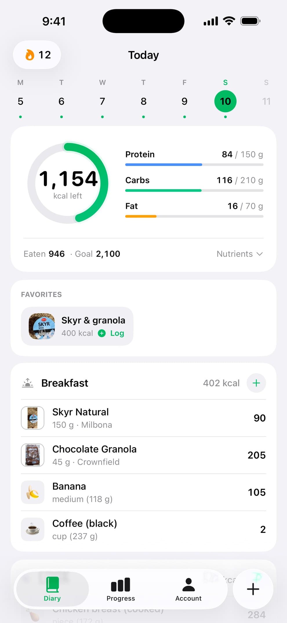 Diary showing 1,154 calories left with protein, carbs and fat